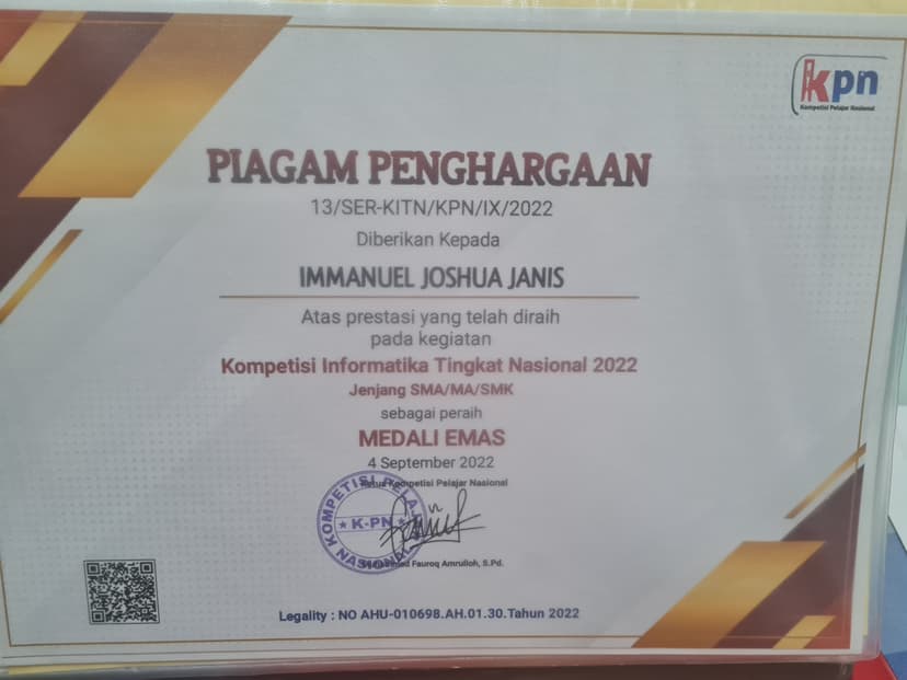 Gold Medal - National Informatics Competition